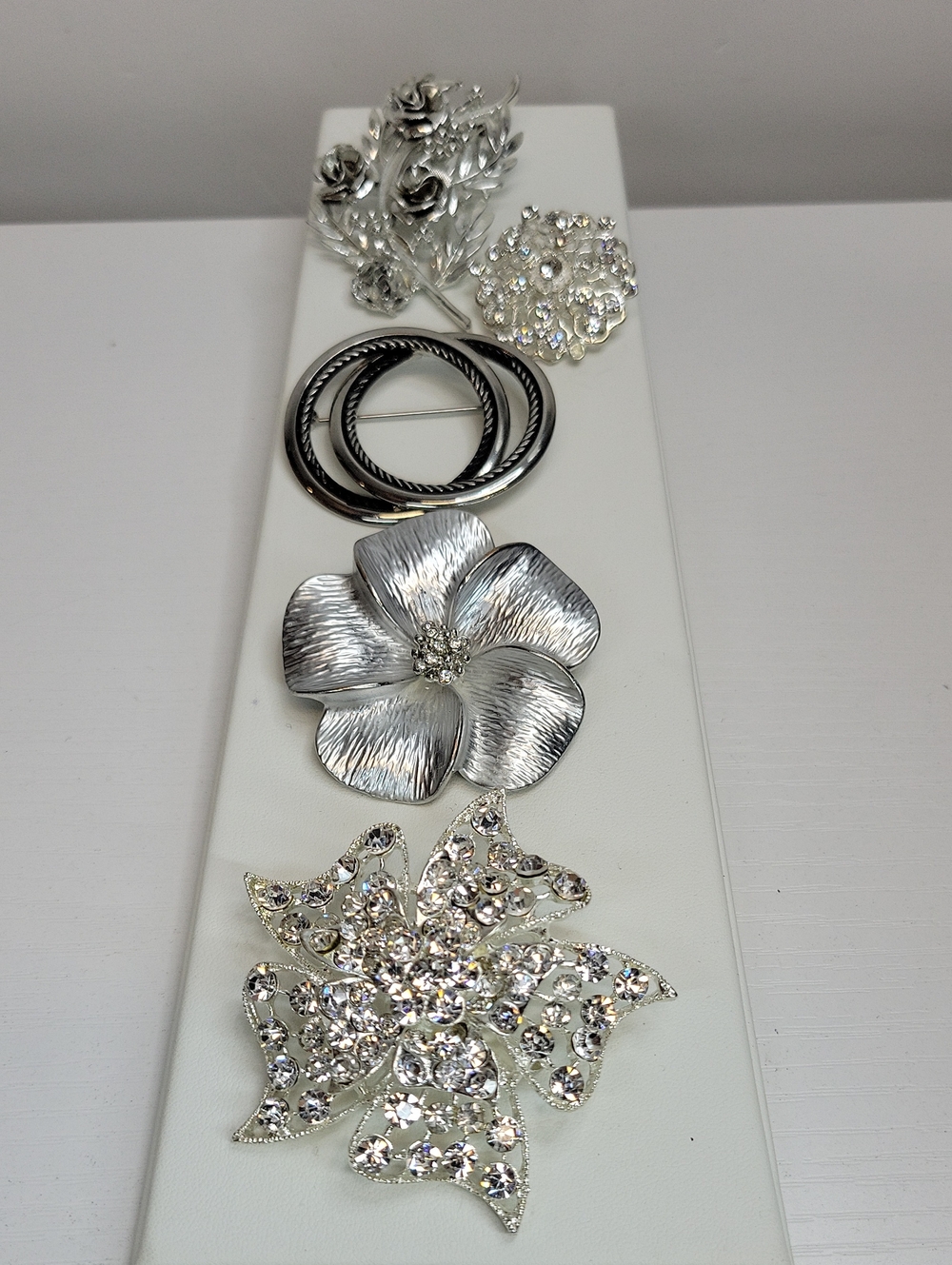 Silver Floral & Crystal Brooch Set